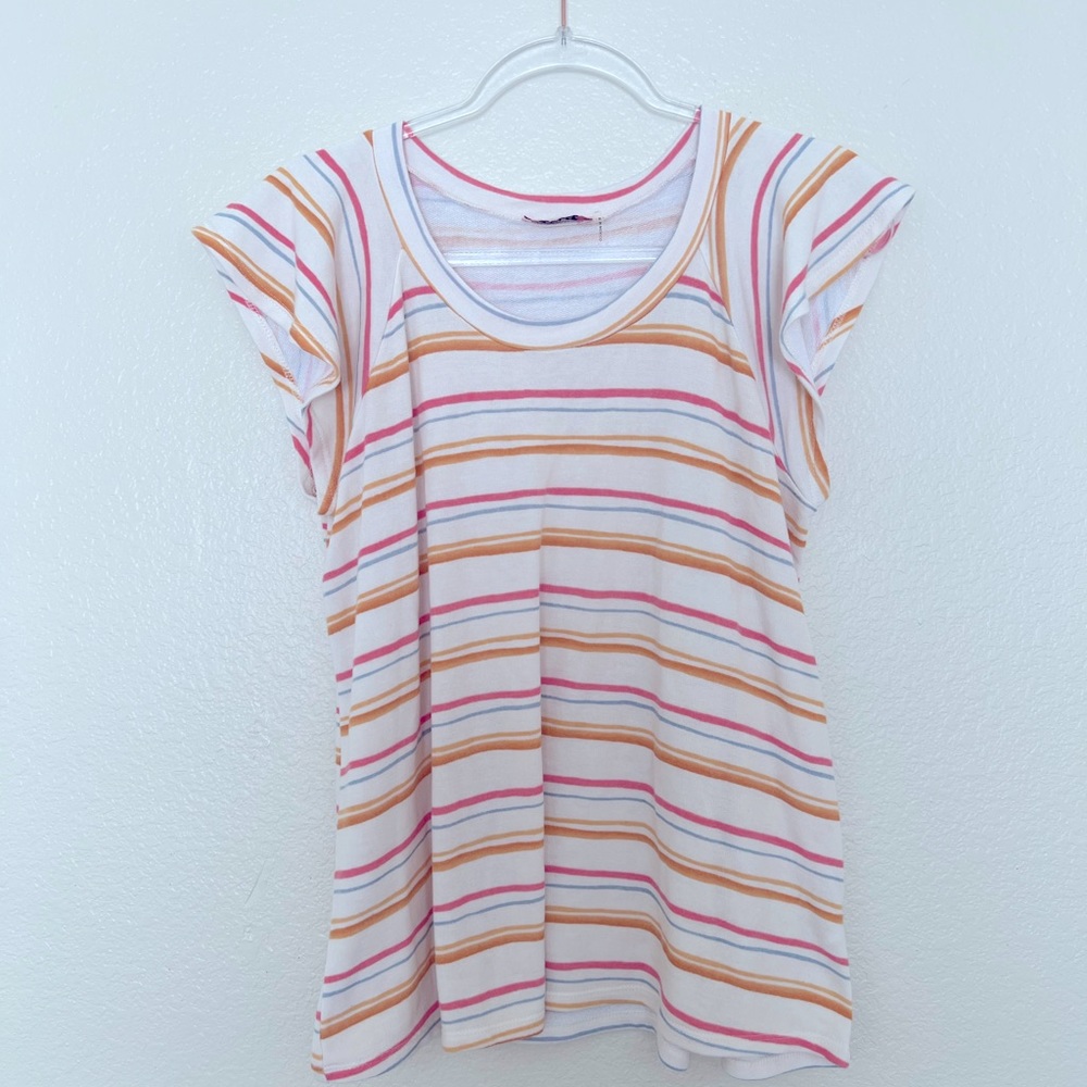 Boutique blouse - blue pink and dreamsicle orange scoop neck top.
